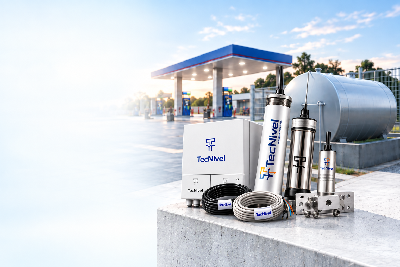 Equipamentos TecNível com central, sensores e cabos, em uma composição com posto de combustível e tanque.